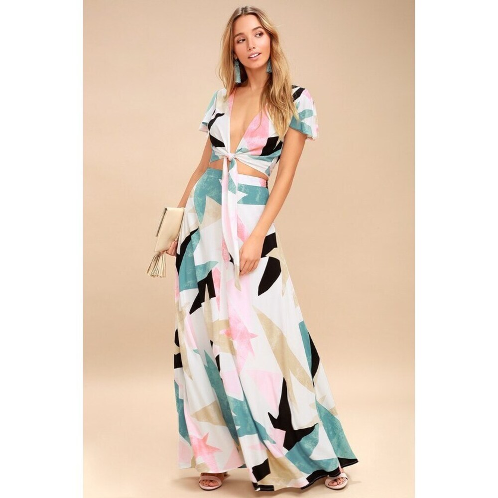 Lulus Daydreaming White Print Two-piece Maxi Dress - Size XL